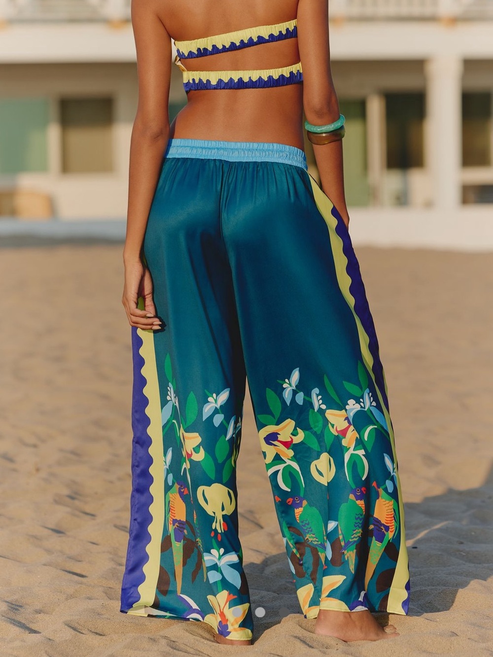 🦜Anthropologie Claire Colin Wide-Leg Pants Celandine NEW Blue Tropical SMALL - Picture 2 of 16